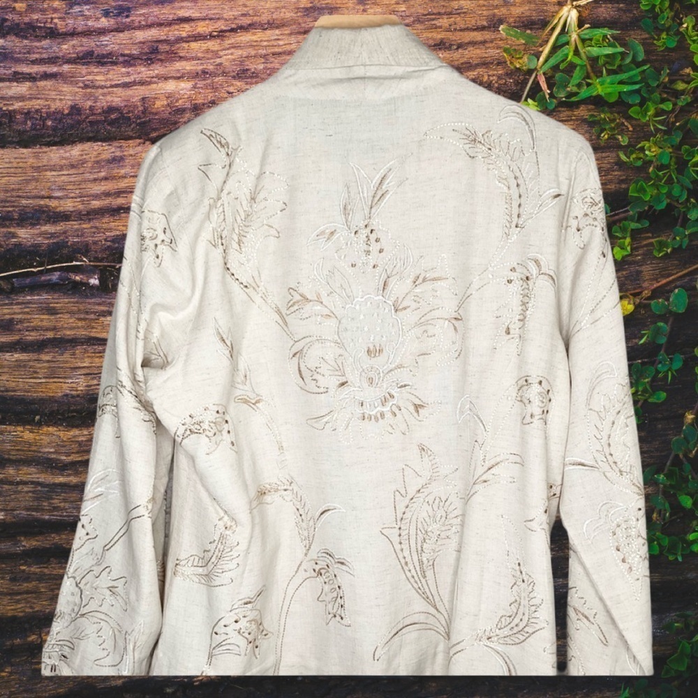 Vintage 90s fully Embroidered,floral pattern&beaded,linen cream XL EUC - Picture 4 of 7